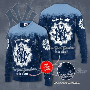 New York Yankees Christmas Snow And Bells Custom Name Ugly Sweater, Yankees Ugly Christmas Sweater