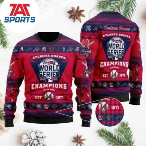 MLB Atlanta Braves Custom Name EST 1871 World Series Trophy Ugly Christmas Sweater, Braves Christmas Sweater