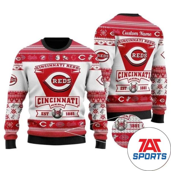 MLB Cincinnati Reds Team Logo Custom Name Personalized Christmas Ugly Sweater, Cincinnati Reds Christmas Sweater