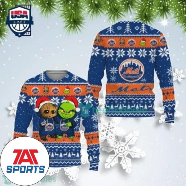 MLB New York Mets Baby Groot And Grinch Ugly Christmas Sweater, Mets Ugly Sweater