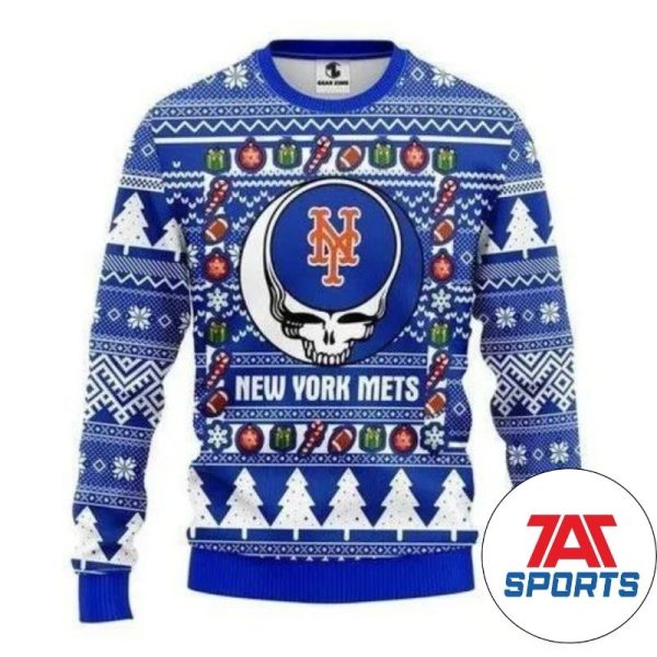 MLB New York Mets Grateful Dead Skull  Ugly Christmas Sweater, Mets Ugly Sweater