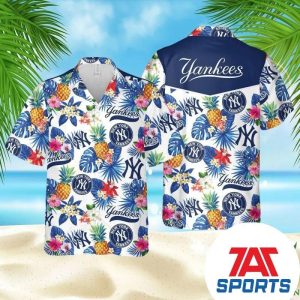 MLB New York Yankees Pineapple Blue And White Hawaiian Shirt, Yankees Tropical Shirt
