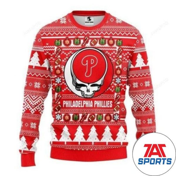 MLB Philadelphia Phillies Grateful Dead Skull Christmas Ugly Sweater, Philadelphia Phillies Ugly Sweater