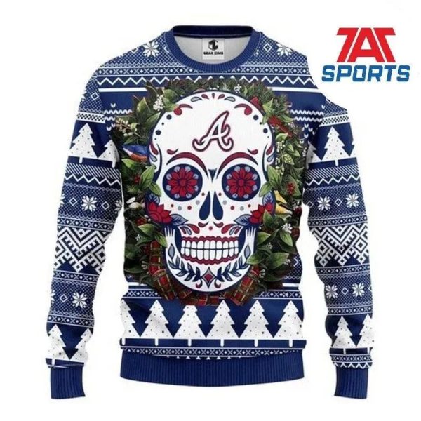 Mlb Atlanta Braves Skull Flower Christmas Ugly Sweater, Braves Christmas Sweater