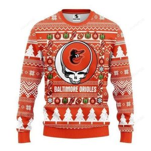 Mlb Baltimore Orioles Grateful Dead Skull Ugly Christmas Sweater, Orioles Ugly Sweater
