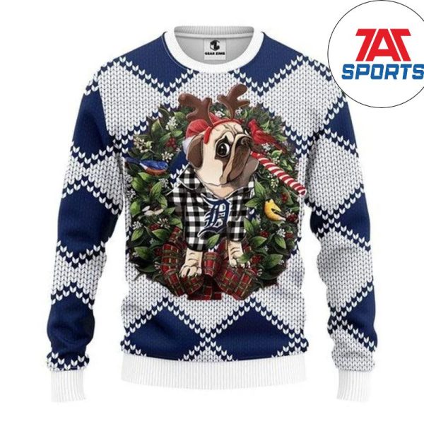 Mlb Detroit Tigers Pug Dog and Candy Cane Christmas Ugly Sweater, Detroit Tigers Christmas Sweater