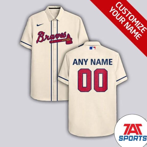 Custom Name Number Atlanta Braves Beige Hawaiian Shirt, Braves Hawaiian Shirt
