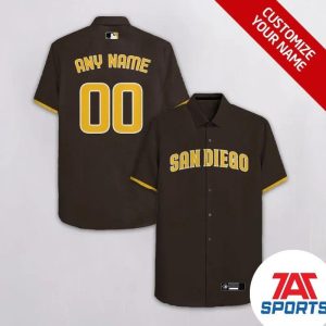 Custom Name Number San Diego Padres Brown Yellow Hawaiian Shirt, San Diego Padres Hawaiian Shirt