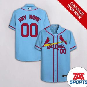 Custom Name Number St Louis Cardinals Sky Blue Hawaiian Shirt, Cardinals Baseball Hawaiian Shirt