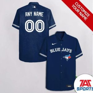 Custom Name Number Toronto Blue Jays Dark Blue Hawaiian Shirt, Blue Jays Hawaiian Shirt
