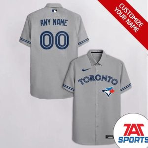 Custom Name Number Toronto Blue Jays Gray Hawaiian Shirt, Blue Jays Hawaiian Shirt