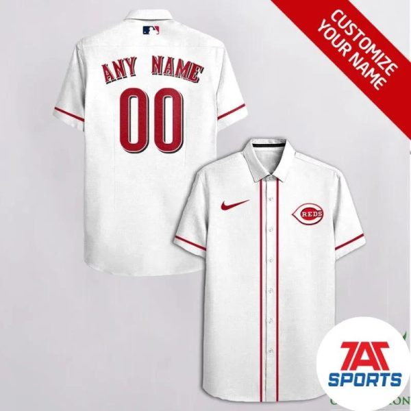 Customized Cincinnati Reds White with Red Nike Logo MLB Hawaiian Shirt, Cincinnati Reds Hawaiian Shirt