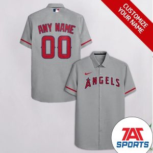 Customized Los Angeles Angels Gray with Red Nike Logo Cassette Hawaiian Shirt, Los Angeles Angels Hawaiian Shirt