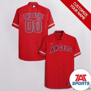 Customized Los Angeles Angels Red with Gray Nike Logo Hawaiian Shirt, Los Angeles Angels Hawaiian Shirt