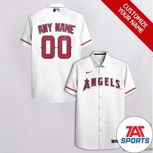 Customized Los Angeles Angels White with Red Nike Logo Cassette Hawaiian Shirt, Los Angeles Angels Hawaiian Shirt