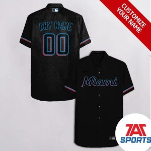 Customized Miami Marlins Black with Blue Red Team Name MLB Hawaiian Shirt, Miami Marlins Hawaiian Shirt