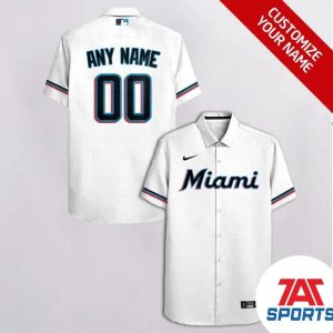 Customized Miami Marlins White with Black Nike Logo Cassette MLB Hawaiian Shirt, Miami Marlins Hawaiian Shirt