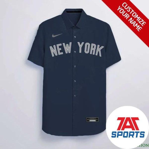 Customized New York Yankees Dark Blue with Gray Nike Logo MLB Hawaiian Shirt, Yankees Aloha Shirt