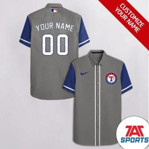 Customized Texas Rangers Gray with Blue Nike Logo And Sleeves MLB Hawaiian Shirt, Rangers Hawaiian Shirt