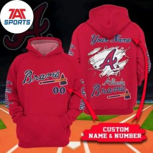 MLB Atlanta Braves Custom Name Number Red Pullover Hoodie, Braves Pullover