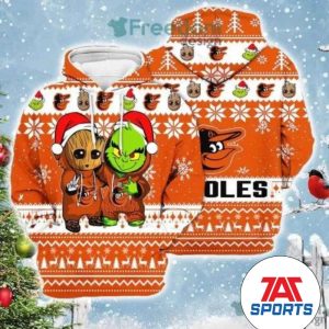 MLB Baltimore Orioles Baby Groot And Grinch Christmas Pullover Hoodie, Orange Orioles Hoodie