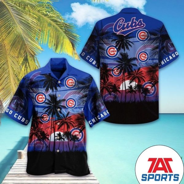 MLB Chicago Cubs Blue Sunset Red Hawaiian Shirt, Chicago Cubs Tropical Shirt