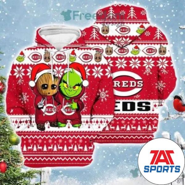 MLB Cincinnati Reds Baby Groot And Grinch Christmas 3D Hoodie, Reds Pullover