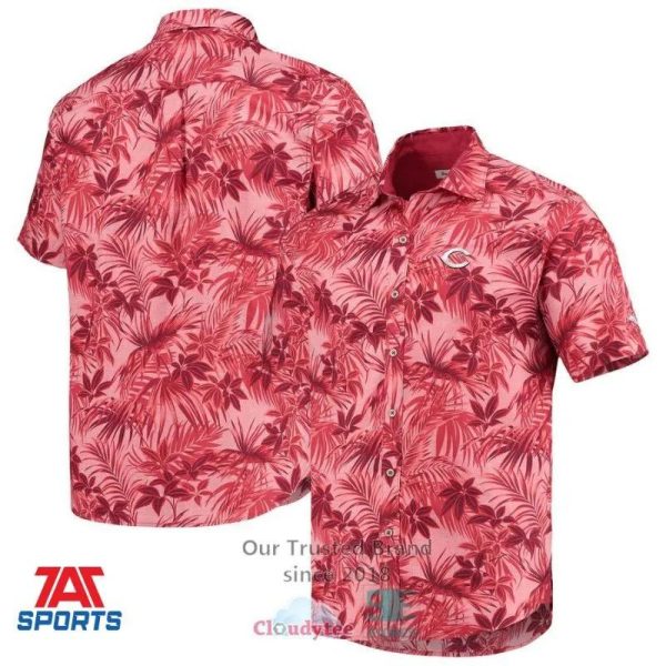 MLB Cincinnati Reds Tommy Bahama Sport Reign Forest Fronds Red Hawaiian Shirt, Cincinnati Reds Hawaiian Shirt