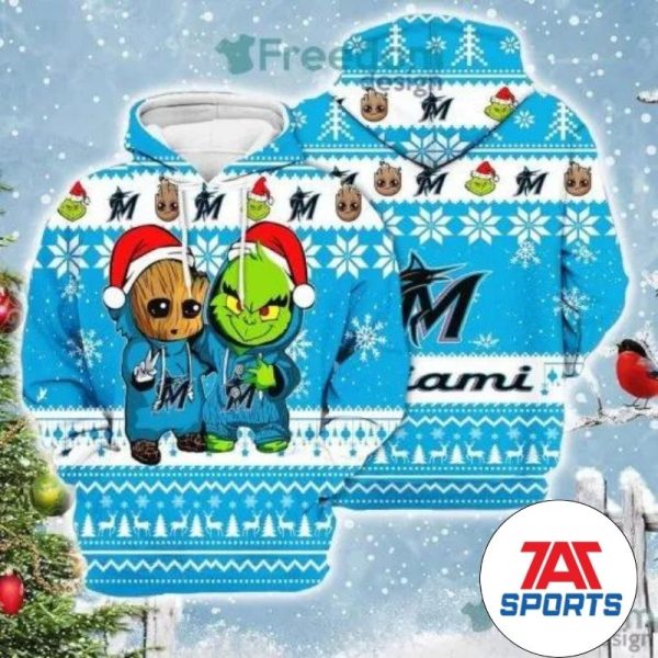 MLB Miami Marlins Baby Groot And Grinch Ugly Christmas Pullover Hoodie, Miami Marlins Hoodie