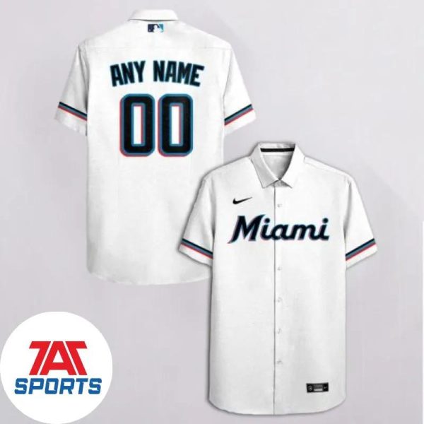 MLB Miami Marlins Custom Name Number White Hawaiian Shirt, Miami Marlins Hawaiian Shirt