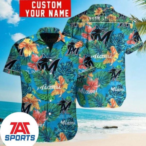 MLB Miami Marlins Flower And Leaf Pattern Tropical Custom Name Hawaiian Shirt, Miami Marlins Hawaiian Shirt