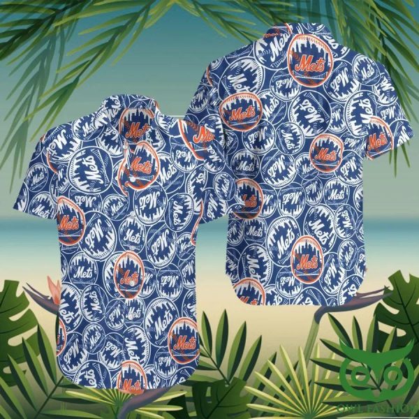 MLB New York Mets Multiple Logos Interlinked Indigo Blue Hawaiian Shirt, Mets Hawaiian Shirt
