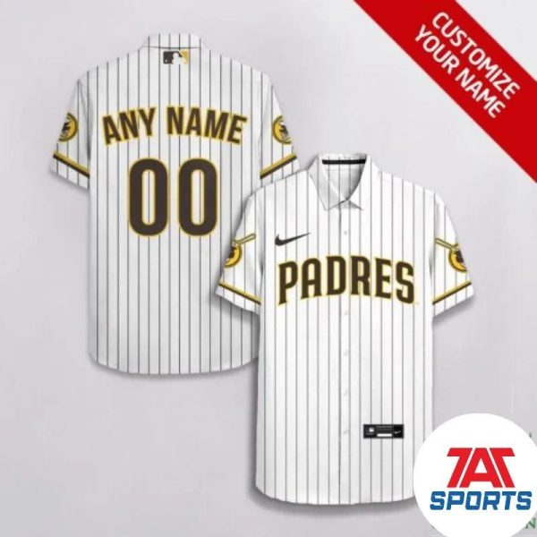 MLB San Diego Padres Custom Name Number White with Vertical Stripes Hawaiian Shirt, San Diego Padres Hawaiian Shirt