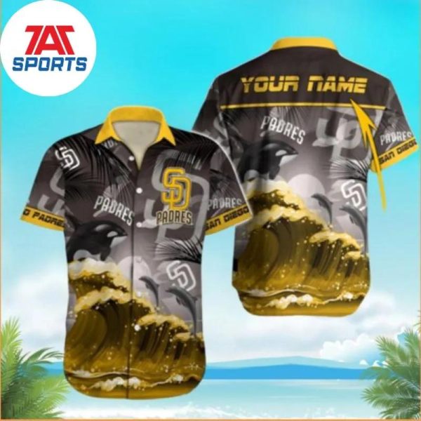 MLB San Diego Padres Sea Wave And Dolphin Custom Name Hawaiian Shirt, San Diego Padres Hawaiian Shirt
