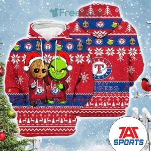 MLB Texas Rangers Baby Groot And Grinch Ugly Christmas 3D Hoodie, Texas Rangers Hoodie