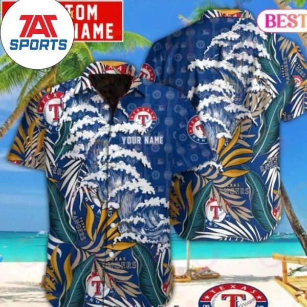 MLB Texas Rangers Sea Waves Custom Name Special Design Button Hawaiian Shirt, Texas Rangers Hawaiian Shirt