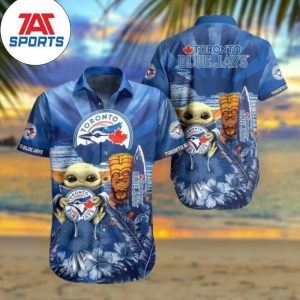 MLB Toronto Blue Jays Baby Yoda And Surfboard Tiki Tropical Flower Hawaiian Shirt, Toronto Blue Jays Hawaiian shirt