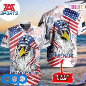 Miami Marlins American Flag Eagle MLB Independence Day Personalized Hawaiian Shirt, Miami Marlins Hawaiian Shirt