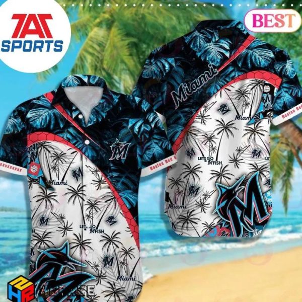 Miami Marlins Coconut Tree Mix Tropical Leaves MLB Hawaiian Shirt, Miami Marlins Hawaiian Shirt