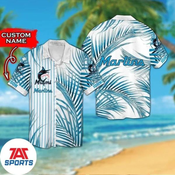 Miami Marlins Palm Leaves Personalized MLB Hawaiian Shirt, Miami Marlins Hawaiian Shirt