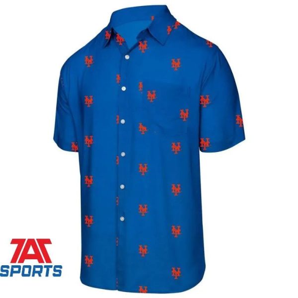 New York Mets Mini Print Logo Button Up Royal Hawaiian Shirt, Mets Hawaiian Shirt