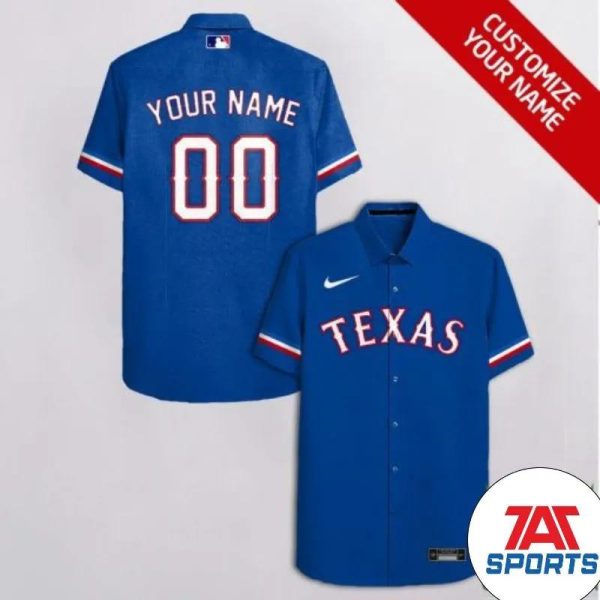 Texas Rangers Custom Name Number Blue MLB Hawaiian Shirt, Texas Rangers Hawaiian Shirt