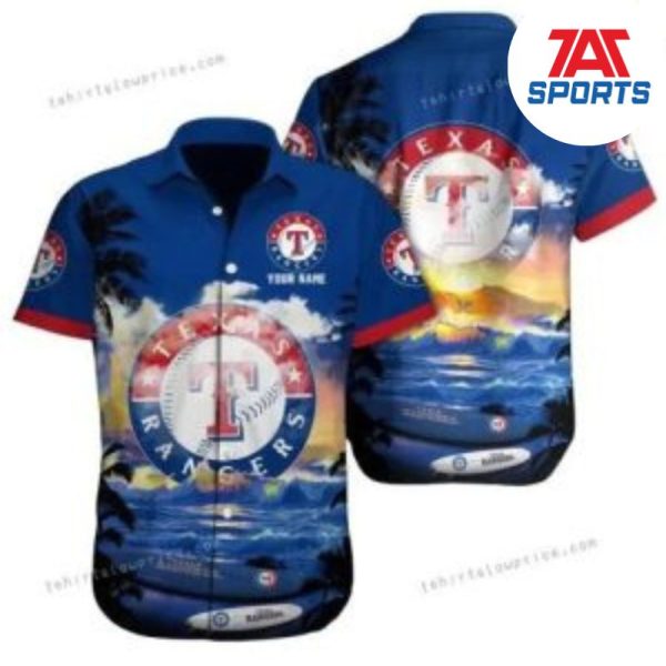 Texas Rangers Custom Name Sea Sunset MLB Hawaiian Shirt, Texas Rangers Hawaiian Shirt
