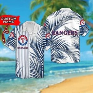 Texas Rangers Palm Leaves Custom Name MLB Hawaiian Shirt