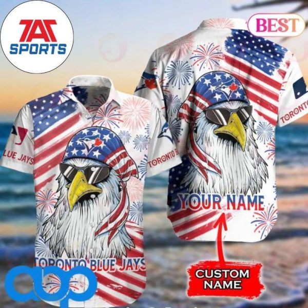 Toronto Blue Jays American Flag Eagle MLB Independence Day Personalized Hawaiian Shirt, Blue Jays Hawaiian Shirt