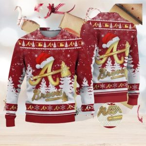 Atlanta Braves Logo Golden Fans Santa Hat Tree Ugly Christmas Sweater, Braves Christmas Sweater