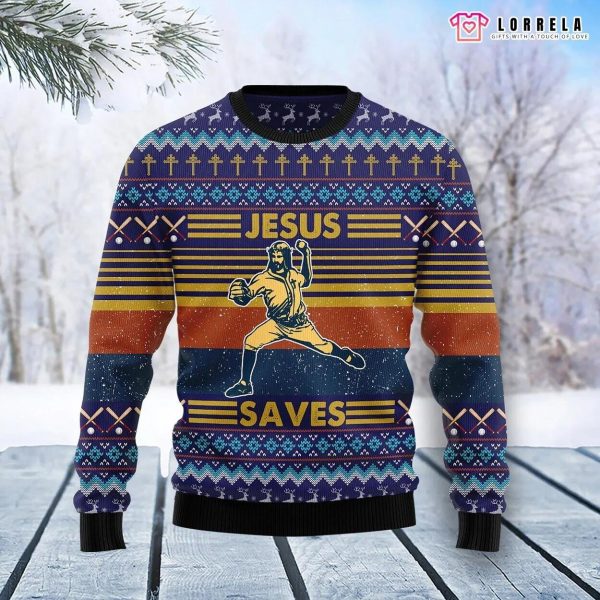 Baseball Jesus Save Ugly Christmas Sweater, Baseball Ugly Christmas Sweater
