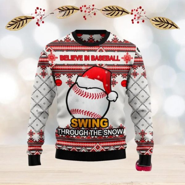 Baseball Swing Through Snow Ugly Christmas Sweater, Baseball Christmas Sweater