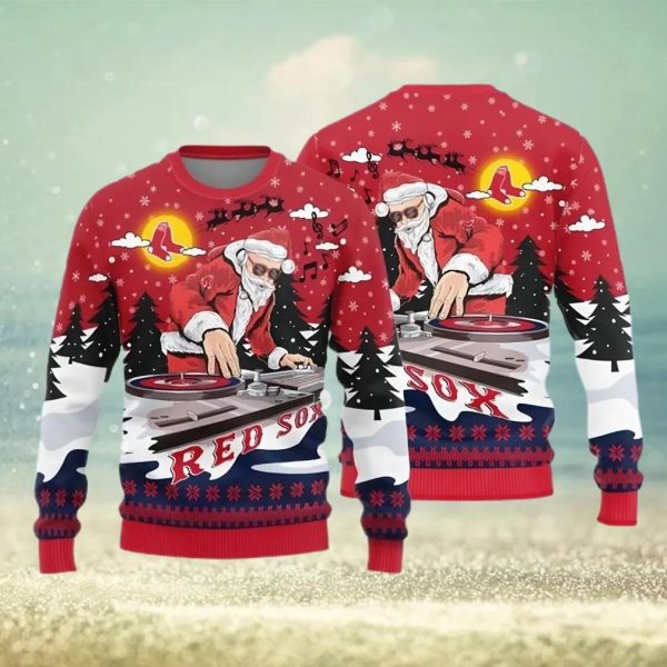 Boston Red Sox Teams Funny DJ Santa Ugly Christmas Sweater, Red Sox Ugly Christmas Sweater