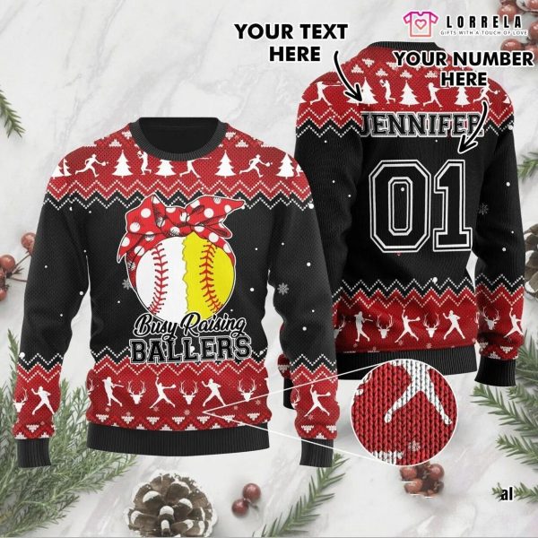 Custom Name And Number Busy Raising Ballers Baseball Ugly Sweater, Baseball Christmas Sweater